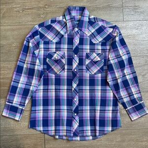 Vintage Mens Wrangler Blue Purple Plaid Casual Western Button Down Shirt 16-16.5